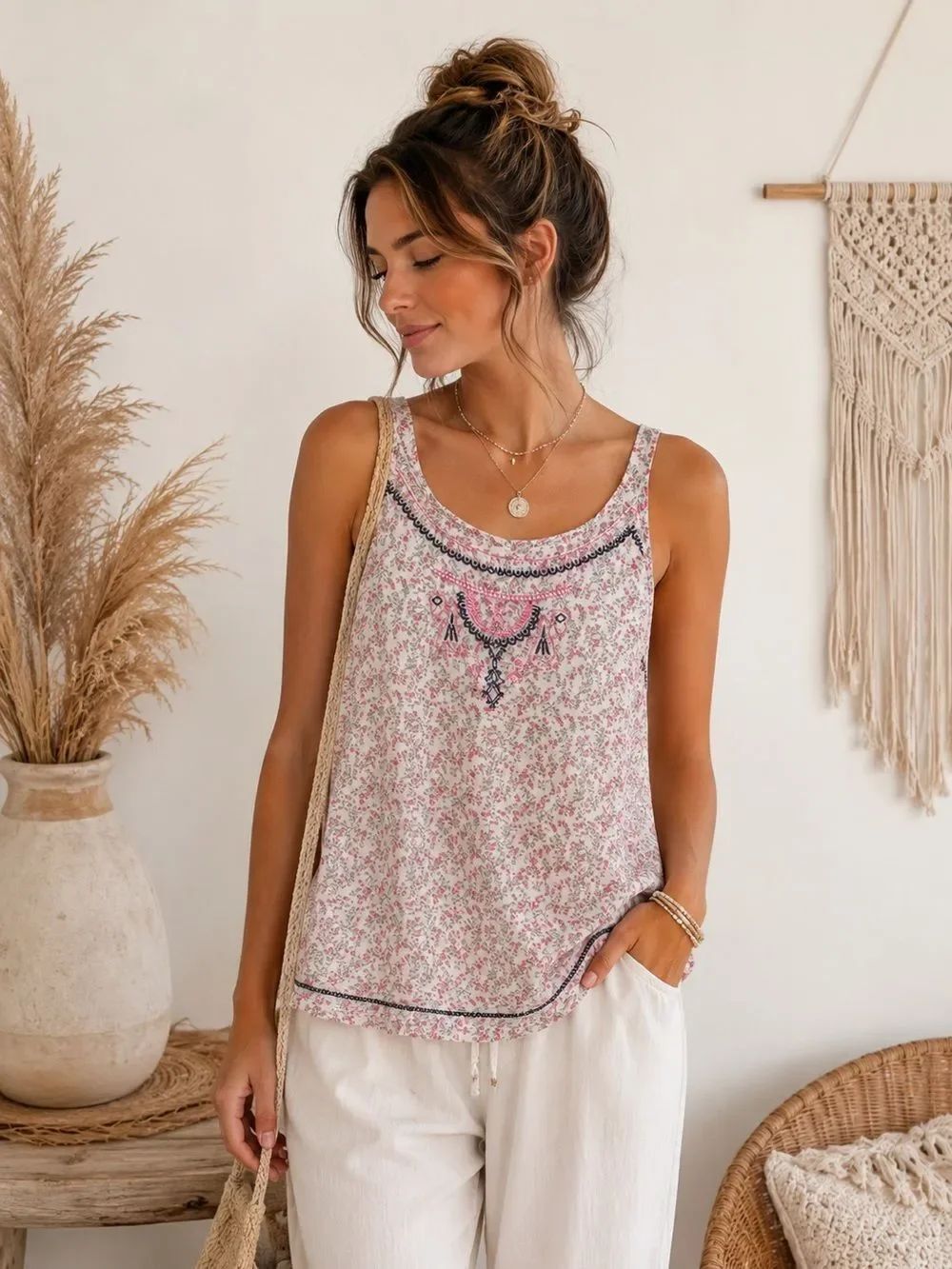 Maurices Boho Chic Sheer Pink Floral Embroidered Camisole